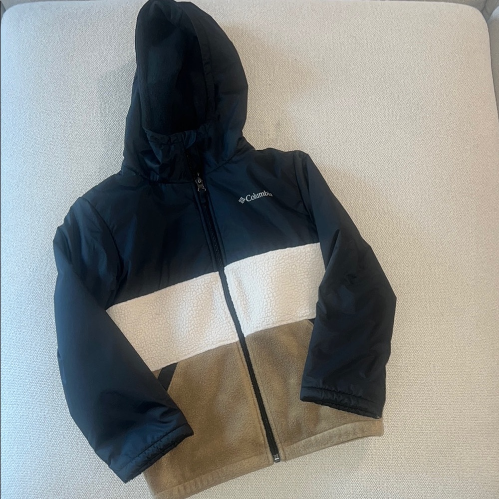 Columbia sportswear jacket black brown and beige white, fleece lined.
